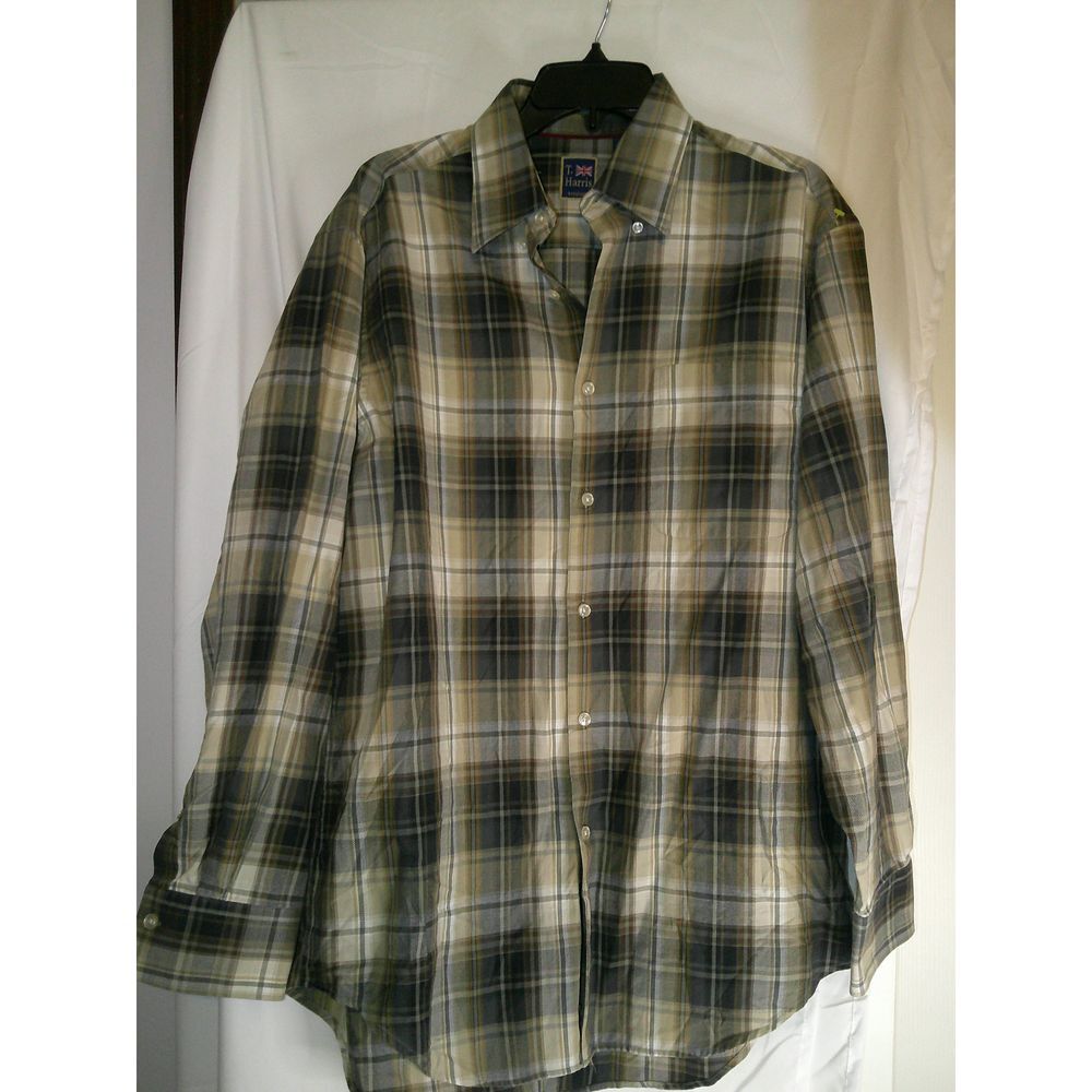 T. Harris London Classic Plaid Button-Down Shirt Green Beige Casual‎ Long Sleeve